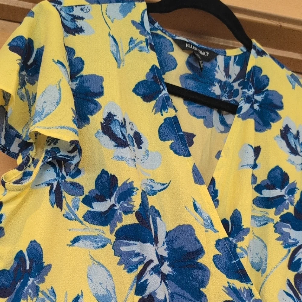 Ellen Tracy Blue and Yellow Floral Blouse - Picture 3 of 6